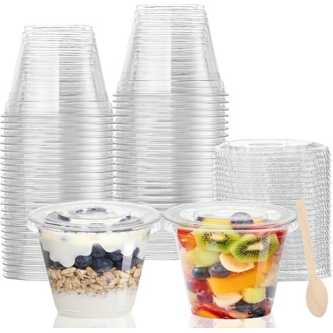 50 Pièces Gobelets à Dessert en Plastique avec Couvercles, 270ml Rondes Coupes à Dessert Coupe Apéritif Parfait Clair Bol de Service Réutilisable avec Bois Cuillères pour Pudding Mousse Party (1/5)