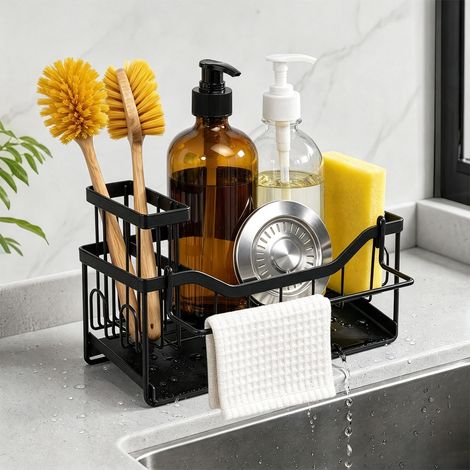 Porte Eponge Evier Cuisine, Support Noir avec Bac D’Égouttage Et Porte Torchon, Double Installation Murale Ou sur Plan sans Perçage (1/5)