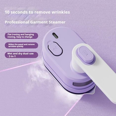 Mini ferro da stiro da viaggio, 1000 W portatile, mini ferro da stiro a vapore pieghevole a 180 gradi, serbatoio dell'acqua trasparente, macchina da stiro per casa e viaggi, bianco-viola (1/4)