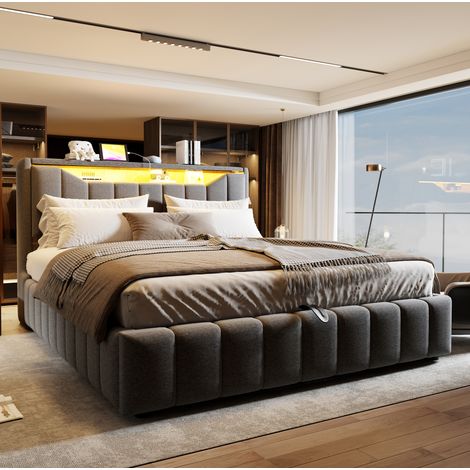 Letto imbottito 180/200 cm grigio con contenitore idraulico, LED e porte USB (1/5)