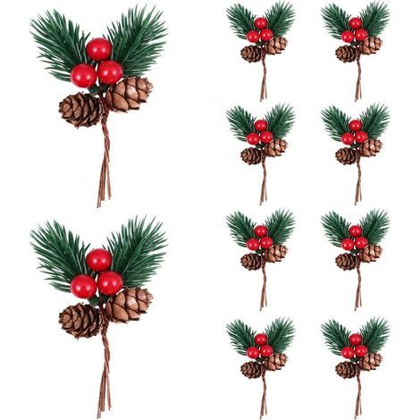 Adornos navideños de piñas, paquete de 10 unidades, adornos y ramitas artificiales de Navidad con tallos de bayas rojas y hojas de acebo para decoración de árboles de Navidad y coronas navideñas. (1/4)