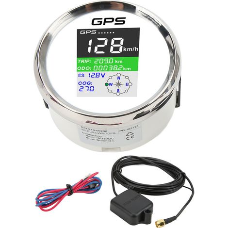 Compteur de vitesse GPS 85 mm km/h nœuds mph, écran TFT DC9-32 V, étanche IP67, universel pour voitures, motos et bateaux, cadran blanc et boîtier argenté (1/5)