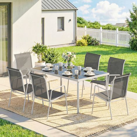 Conjunto de Mesa y Sillas Jardín con Mesa de Vidrio Templado 6 Sillas Apilables Transpirables para Terraza Gris (1/5)