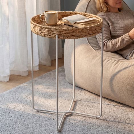 doporro Tavolino Salotto Rotondo con Vassoio Rimovibile, Telaio in Metallo Pieghevole, Intrecciato a Mano, Tavolino Moderno per Soggiorno, Camera da Letto, Bianco, Reglo-08 (1/5)