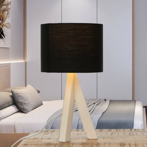 Tischleuchte Dreibein Schwarz Natur E14 31 cm Stoff Holz Skandinavisch