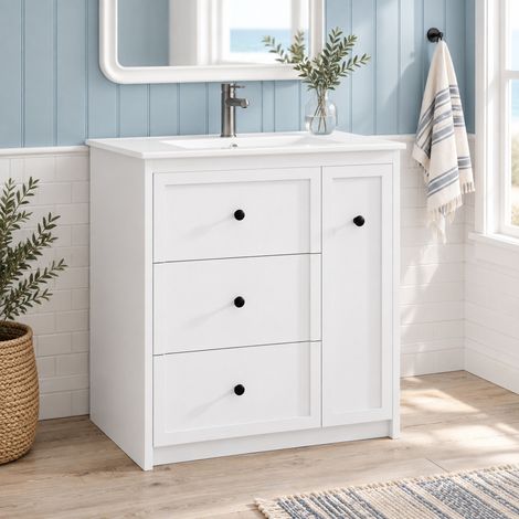Mobile bagno con lavabo 76 x 46 x 82 cm, 4 cassetti, ceramica e MDF, bianco DESVIAE (1/5)