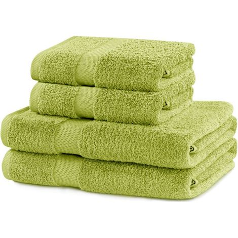 2 serviettes de bain, 2 draps de bain, coton 100 %, vert pomme, dimensions variées, usage salle de bain et spa