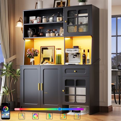 Buffet de cuisine haut 130×45×180 cm – Sideboard avec portes vitrées et éclairage LED intégré – Meuble de rangement pour cuisine, salon ou salle à manger - Armoire de cuisine