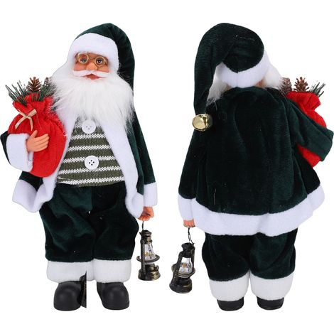 Poupée de père noël debout, Figurine de père noël de bureau portant un sac rouge et une lanterne pour accessoires de gâteau, décoration de vacances verte (1/5)