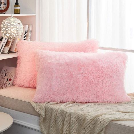 Taie d'oreiller décorative longue en fausse fourrure douce et moelleuse, forme oblongue, en velours shaggy, lot de 2, fermeture éclair, format Queen (51 x 66 cm, rose) (1/5)