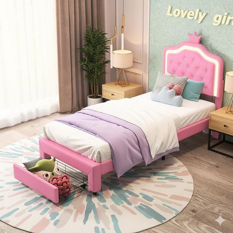 Cama 90 x 200 cm - Cama individual / Cama infantil - con cabecero luminoso Corona - Cajón de almacenamiento - Similcuero - Rosa (1/5)