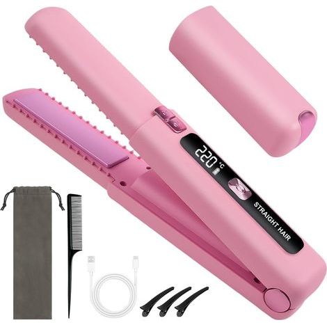 Lisseur sans fil, lisseur et boucleur 2 en 1 avec chargement USB, 6 températures réglables et écran LED, mini boucleur portable pour les voyages (rose) (1/5)