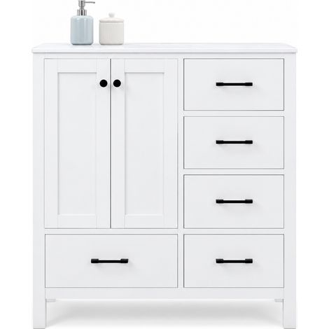 Mobile bagno freestanding 76x46x82 cm MDF e ceramica bianco con lavabo e 4 cassetti - CHICFURN (1/5)