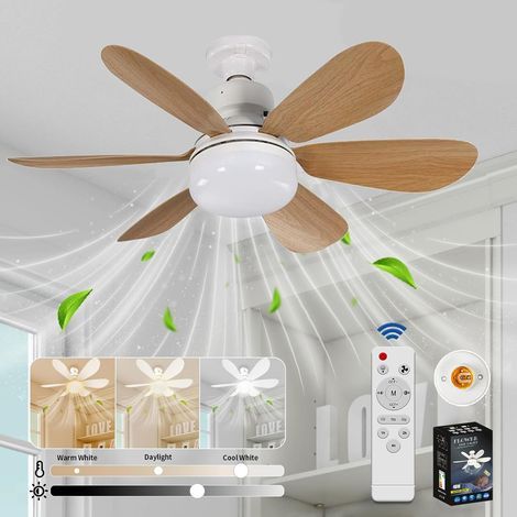 Ventilador de techo con luz y control remoto, ventilador de techo LED regulable con lámpara integrada E27 de 40 W, 6 aspas, 3 velocidades, silencioso, para sala de estar o dormitorio (imitación madera (1/5)