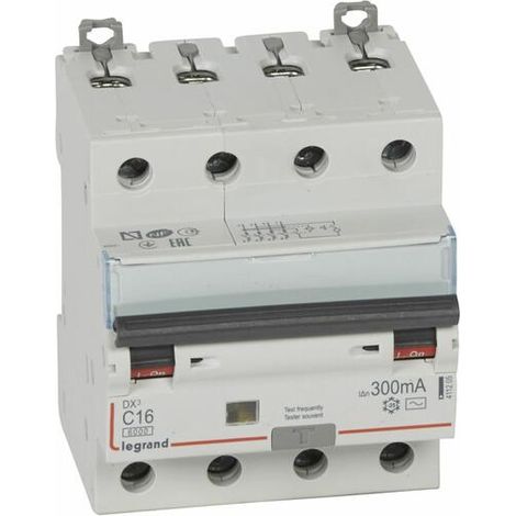 Disjoncteur différentiel monobloc DX³6000 10kA arrivée haute et départ bas à vis 4P 400V - 16A - typeAC 300mA - LEGRAND