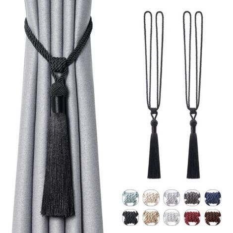 Lot Embrasse de rideaux longues à pompons, faites à la main en corde tressée avec nœuds européens pour décoration de fenêtre et bureau (1/5)