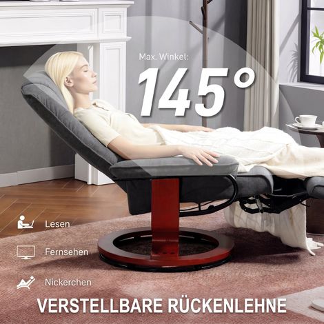 Fauteuil relaxant pivotant en lin gris, réglable manuellement, avec repose-pieds, dossier haut et piètement en bois (1/5)