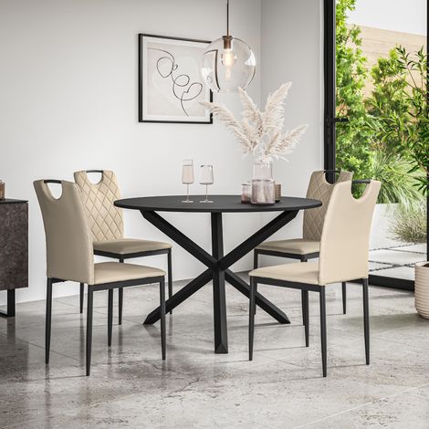 Malvern Round Dining Table And Chairs - Black Table Top w Solid Oak Black Legs + Monza Faux Leather Dining Chair Set Of 4 (Beige) (1/5)