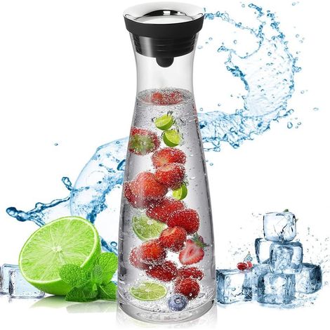 Jarra de vidrio de 1200 ml con tapa de silicona para servir bebidas caseras, té helado, leche, café o vino. Transparente, color negro. (1/5)