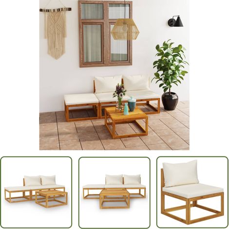 The Living Store 4-tlg. Garten-Lounge-Set mit Auflagen Creme Massivholz Akazie - Gartenmöbel - Loungeset - Outdoor Möbel - Esszimmergarnitur - Holz Lounge Set (1/5)