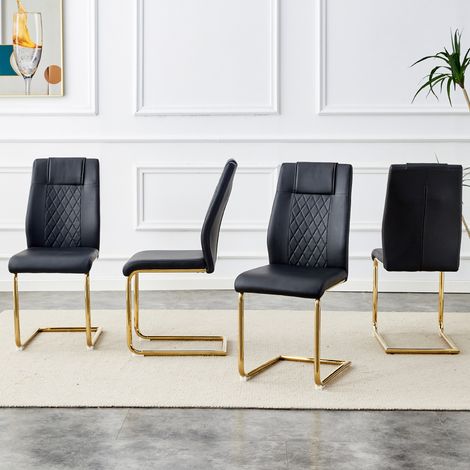 Chaises salle à manger scandinaves en similicuir noir (4 pièces) – dossier ajouré, pieds métal doré, patins antidérapants, style intemporel (1/4)