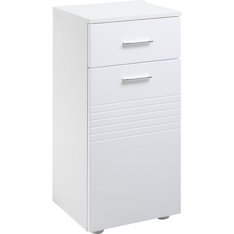 Meuble-lavabo autoportant en bois blanc avec portes coulissantes et étagères à tiroirs.