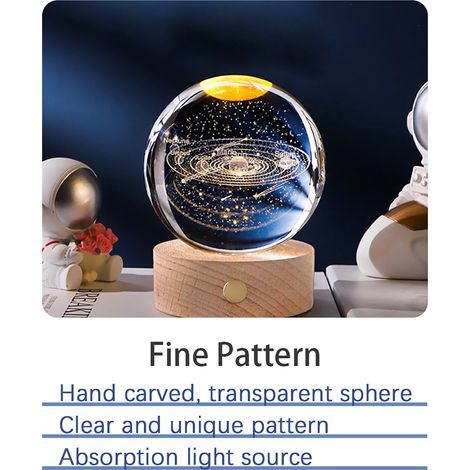 Veilleuse de chevet sphérique en verre gravée, motif galaxie, avec socle en bois, lampe LED 3D en cristal de 80 mm, rechargeable par USB, idéale pour l'apprentissage de l'astronomie et la décoration i (1/2)