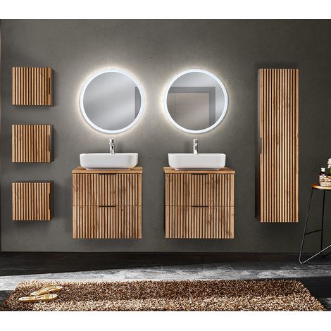 Badezimmer Komplett Set mit 2 Waschtischen XANTEN-56 in anthrazit mit Eiche Nb. Rillen schwarz, B/H/T: ca. 240/200/46,5 cm (1/5)