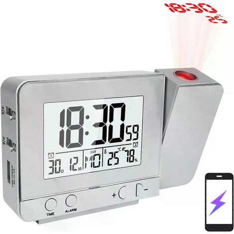 Réveil projecteur pour chambre à coucher avec thermomètre, hygromètre, horloge numérique au plafond, affichage LED à luminosité réglable et chargeur USB. (1/5)