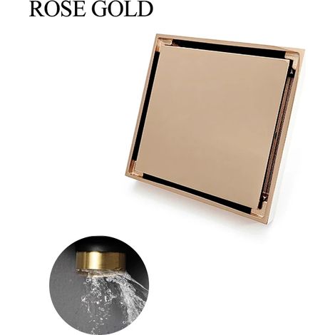 (Rose Gold)Brushed Nickel 10X10cm Square Shower Drain Tile Insert Anti Odor Brass Floor Drain Kit with Removable Grate Cover Hair Strainer (1/4)