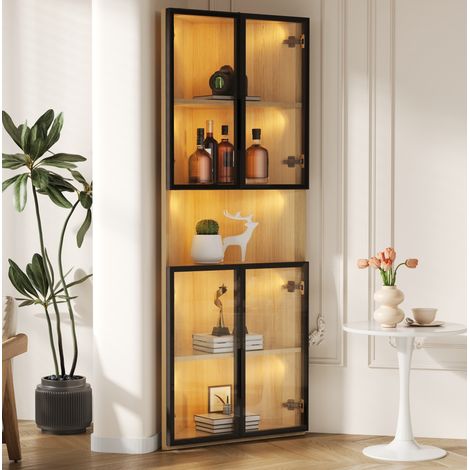 Vitrine d’angle triangulaire 62x32x160 cm avec LED, étagère ouverte, portes en verre trempé, MDF naturel (1/5)