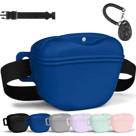Sac Friandise pour Chien en Silicone, Accessoires Sac D'entraînement Doggie Treat Sac Pochette, Sacs de Nourriture Portables pour Promenades Chien avec Clicker et Ceinture Dressage(Bleu Foncé) (1/5)