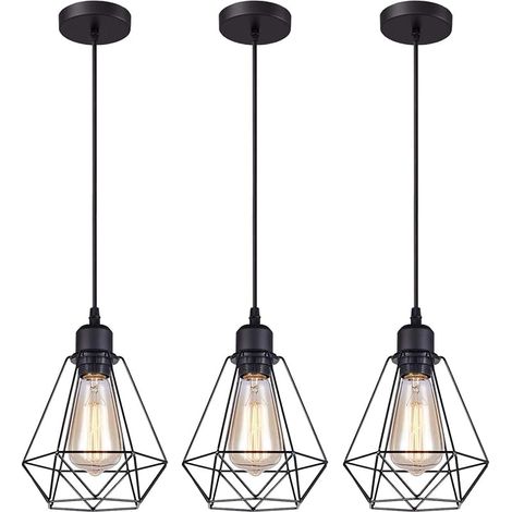 Lot de 3 Suspensions Luminaires Industrielle Métal Lustre Suspension Style Cage Géométrique E27 Lampe Suspension Vintage - Noir - Ø 20cm (1/5)