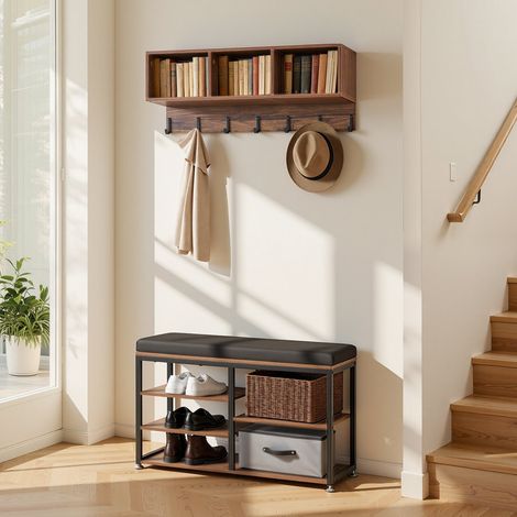 Porte Manteau Mural avec Banc à Chaussures, Meuble d'Entrée avec Structure en Acier, Rangement pour Couloir Chambre Dressing, Vestiaire d'Entrée avec Patères et Étagère, Marron Rustique (1/5)