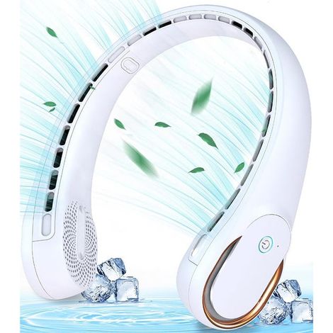 Ventilateur de cou, ventilateur de cou portable sans lame, réglable à 3 vitesses, ventilateur mains libres rechargeable par USB, blanc (1/3)