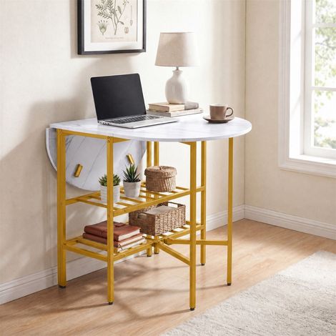 Mesa plegable ovalada con estantes, estructura metálica, blanca. (1/5)