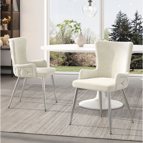 Sedia da pranzo in velluto beige e argento, set da 2, con gambe in metallo,55×47×85cm (1/5)