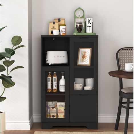Aparador multiusos de MDF negro con 2 puertas de cristal, estantes ajustables y huecos abiertos (1/5)