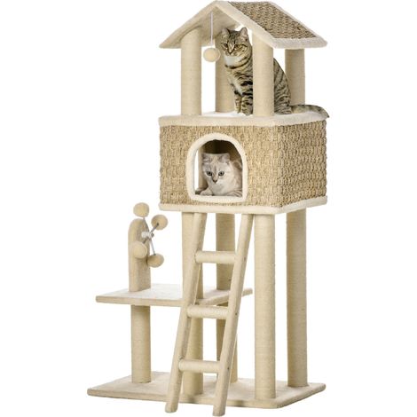 Arbre à chat 130 cm avec niche et balles de jeu, pieux en jute, khaki et beige, panneaux de particules et peluche (1/5)
