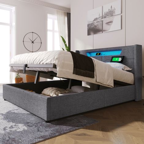 Lit rembourré double 160x200 LED USB sommier lattes gris (1/5)