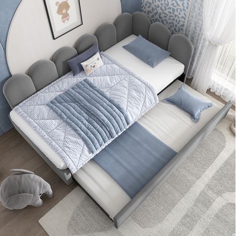 Lit simple 90x200 gigogne en velours gris HAVRYA (1/5)