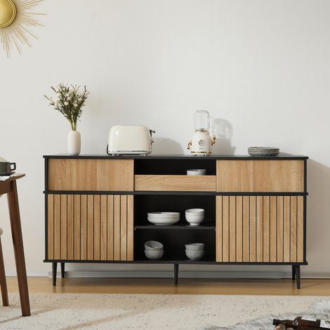 Aparador de cocina con 4 puertas correderas y 1 cajón, roble y negro, 160 x 40 x 80 cm (1/5)