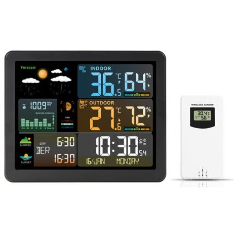 Pair Horloge météo à écran couleur, horloge électronique, thermomètre et hygromètre d'intérieur et d'extérieur, réveil de prévisions météo sans fil RF (1/2)