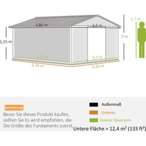 Abri de jardin 12,4 m² en acier galvanisé avec toit plat et portes coulissantes, 340 x 386 x 200 cm, vert foncé (1/5)