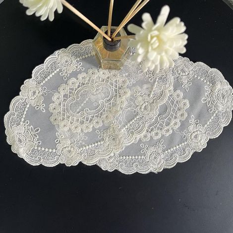 Lot de 2 sets de table rétro en dentelle brodée de fleurs exquises, tapis de tasse vintage pour décoration de la maison, blanc cassé (17 x 28 cm) (1/5)