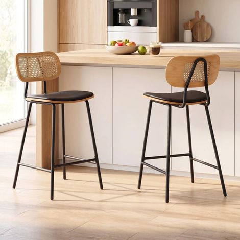 Wahson Rattan Counter Stools 2Pcs - Modern Bar Chairs with Metal Legs for Kitchen Home, Black (1/5)