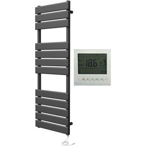 Richmond Electric Heated Towel Rail Black 500mm W x 1200mm H Flat Panel Bathroom Radiator + 7 Day Programmble Timer/Thermostat