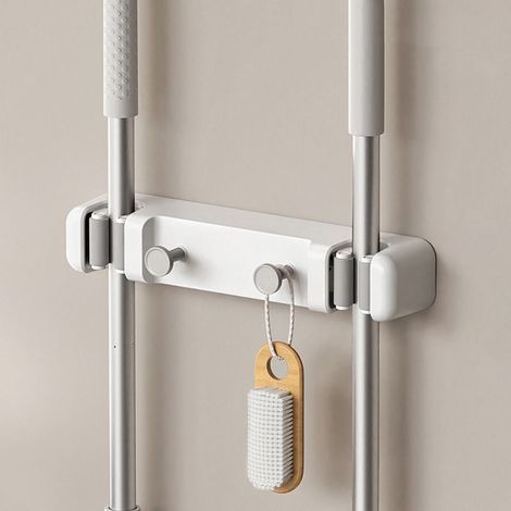 Wall-mounted mop holder without drilling, broom holder with hook, storage for bathroom and toilet, set of 1 piece (1 clip + 1 hook per unit) (1/2)