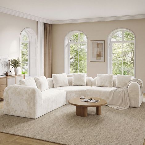 Neche Canapé modulable incurvé 3 places en tissu chenille premium,Canapé compressé sans montage,Mousse haute résilience,Beige (1/5)