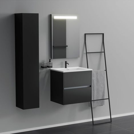 Inda - Badezimmerschrank 2 Schubladen L.60 mit beleuchtetem Spiegelwaschbecken - Mattschwarz